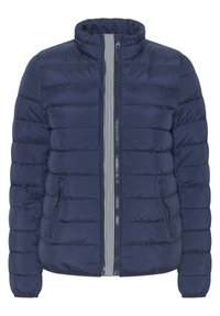 Navy blue puffer jacket with horizontal quilting, high collar, and zippered front. Features contrasting striped accents along the zipper and side pockets.