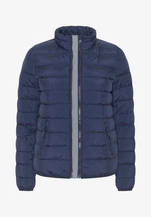 Dunkelblaue Steppjacke mit horizontaler Steppung, hohem Kragen und Reißverschluss vorne. Verfügt über kontrastierende gestreifte Akzente entlang des Reißverschlusses und der seitlichen Taschen.