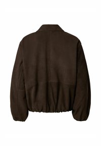 Veste en suède marron foncé vue de dos avec un col, des manches longues et un ourlet élastiqué.