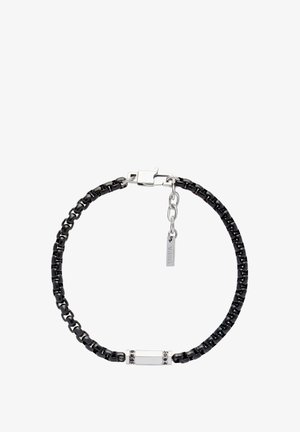 Schwarzes Gliederarmband mit silberner rechteckiger Platte und Verschluss, verstellbare Kette mit USPA-Tag.