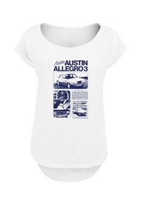Weißes T-Shirt mit einem blauen Grafikdesign, das Bilder und Texte zum Austin Allegro 3 zeigt. Mit rundem Ausschnitt und kurzen Ärmeln.