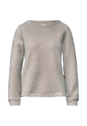 Jasnoszary, puszysty sweter z długim rękawem, okrągłym dekoltem i teksturowaną powierzchnią; posiada mankiety oraz luźny krój.