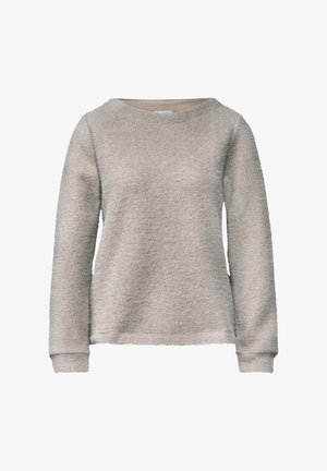 Jasnoszary, puszysty sweter z długim rękawem, okrągłym dekoltem i teksturowaną powierzchnią; posiada mankiety oraz luźny krój.