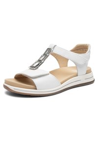 Weiße Sandale mit offenem Zehenbereich, verstellbaren Riemen, gepolstertem beigem Fußbett und silberner Zierschnalle am oberen Riemen.