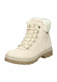 Stivaletti beige con lacci, upper testurizzato, colletto soffice e suola in gomma robusta con motivo battistrada per una buona aderenza.
