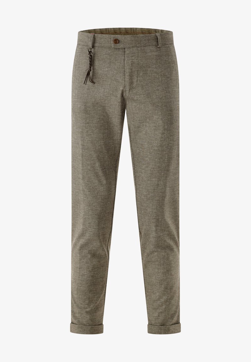 Unisex-Hosen aus strukturiertem, olivbraunem Stoff; mit einem Knopfverschluss und einer geflochtenen Akzentuierung an der Vorderseite. An den Knöcheln umgeschlagen.