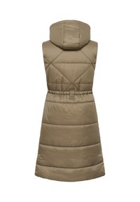 Beige pehmeä liivi ilman hihoja, jossa on huppu, vyöllinen vyötärö, tikattu pinta ja viistosti ommeltu kuvio selkäosassa.