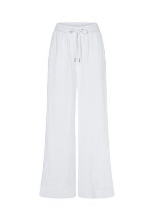 Witte broek met wijde pijpen, elastische tailleband en trekkoord vooraan, gepresenteerd tegen een effen achtergrond.