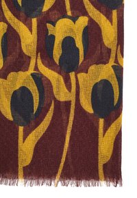 Woven scarf featuring a maroon background with yellow tulip patterns and dark blue accents, finished with fringed edges.