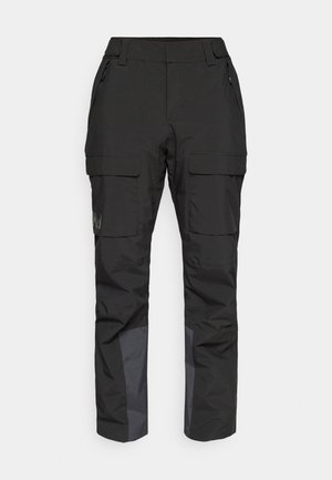 Schwarze multifunktionale Cargo-Hosen mit Seitentaschen und verstärkten unteren Bereichen in einem dunkleren Farbton, die eine glatte Textur und ein strapazierfähiges Material aufweisen.