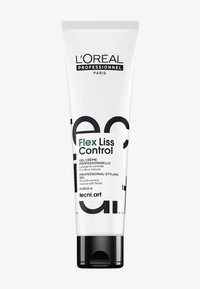 Tube en plastique blanc avec un capuchon noir, étiqueté "Flex Liss Control", avec un texte noir et vert en gras. Gel coiffant professionnel, 150 ml.