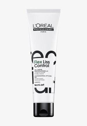 Hvit plasttube med svart kork, merket "Flex Liss Control," med fet svart og grønn tekst. Profesjonell stylinggel, 150 ml.