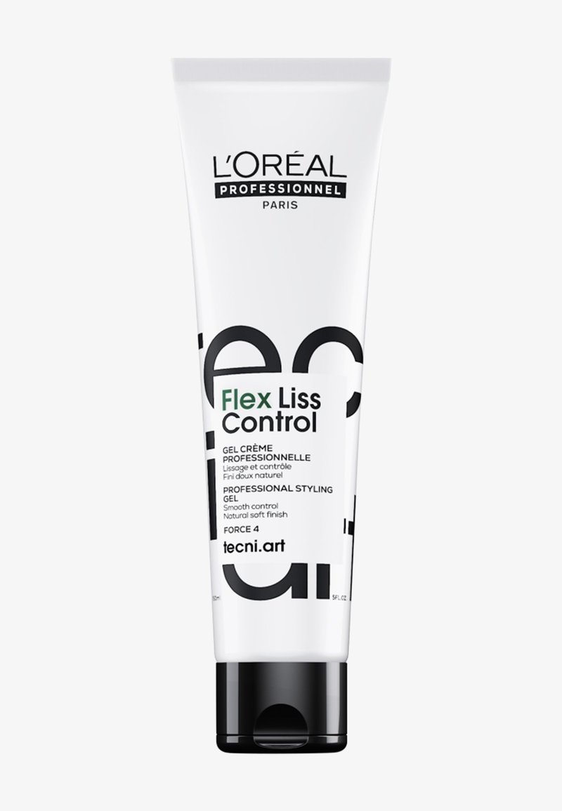 Tube en plastique blanc avec un capuchon noir, étiqueté "Flex Liss Control", avec un texte noir et vert en gras. Gel coiffant professionnel, 150 ml.