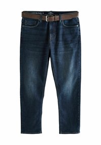 Dark blue denim jeans with a straight cut, featuring a brown belt, five-pocket design, and subtle fading for texture.