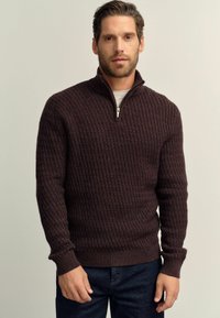 Strickpullover in Dunkelbraun mit einem Reißverschlusskragen. Verf�ügt über ein strukturiertes, geripptes Design und eng anliegende Bündchen, kombiniert mit einer dunklen Jeans.
