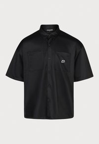 Black short-sleeve shirt made of smooth fabric, featuring a button-down front, two chest pockets, and a small logo on the left pocket.