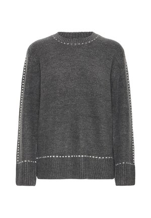 Maglione lavorato a maglia grigio scuro con dettagli di punti bianchi sul colletto, le maniche e l'orlo, con scollo rotondo e polsini a coste.