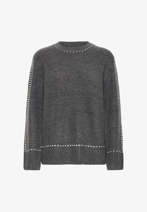 Pull tricoté gris foncé avec des accents de points blancs sur le col, les manches et l'ourlet, avec un col rond et des poignets côtelés.