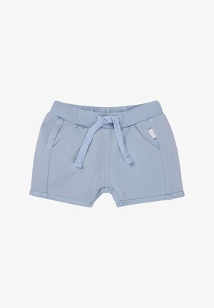 Lichtblauwe katoenen shorts met een elastische tailleband, trekkoord en twee voorzakken. Afgewerkt met een rechte zoom en een zachte textuur.