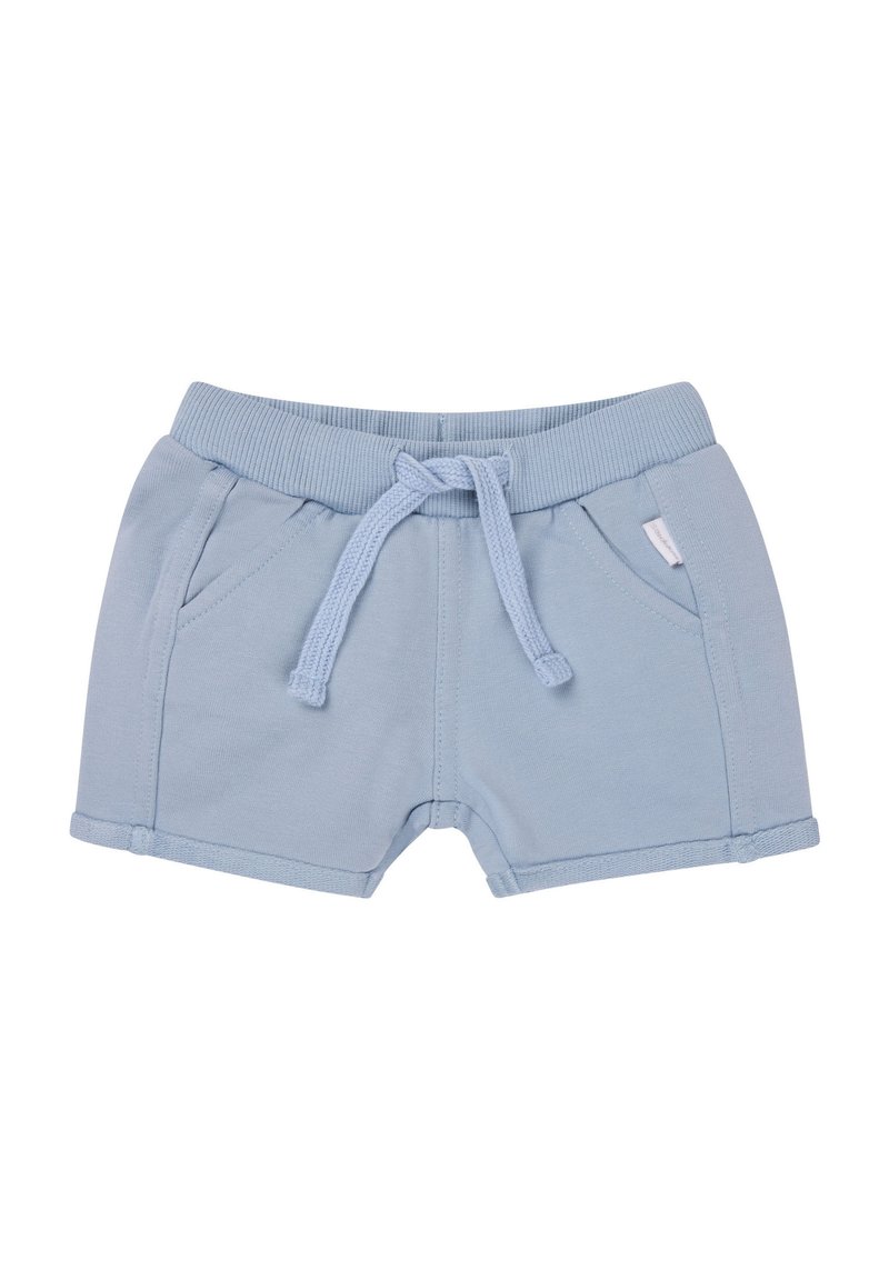 Helle blaue Baumwollshorts mit einem elastischen Bund, Zugband und zwei Fronttaschen. Mit einem geraden Saum und weicher Textur abgeschlossen.