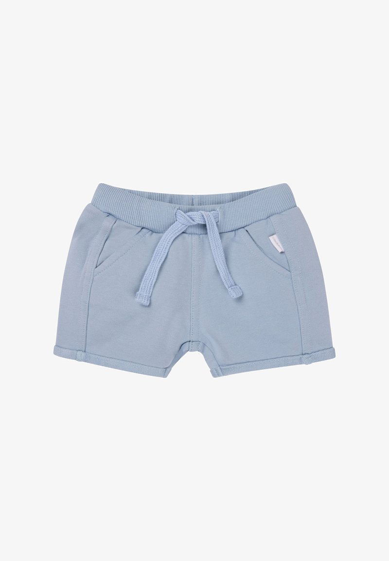Helle blaue Baumwollshorts mit einem elastischen Bund, Zugband und zwei Fronttaschen. Mit einem geraden Saum und weicher Textur abgeschlossen.