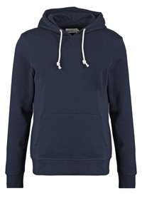 Sudadera con capucha azul marino hecha de tela suave, con bolsillo frontal, cordones blancos y puños y dobladillo acanalados. Diseño clásico con un ajuste holgado.
