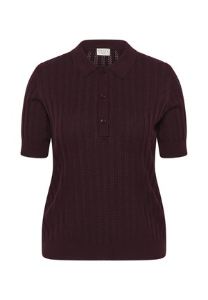 Dark purple short-sleeve knitted polo shirt with ribbed texture, three front buttons, and a collar.