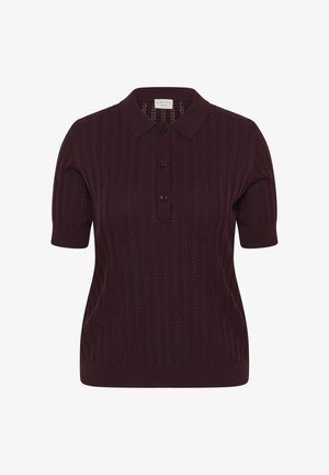 Dark purple short-sleeve knitted polo shirt with ribbed texture, three front buttons, and a collar.
