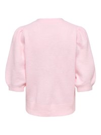 Világos rózsaszín kötött pulóver puffos, középhosszú ujjakkal, bordázott mandzsettákkal és szegéllyel, hátulnézetből.