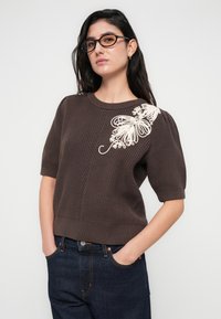Pull tricoté marron avec manches courtes bouffantes, orné d'un motif floral brodé crème sur l'épaule gauche. Ourlet et encolure côtelés.