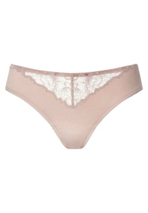 Lace-trimmed nude thong made of soft fabric, featuring floral lace insets at the front and smooth sides, with delicate stitching accents.