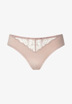 Lace-trimmed nude thong made of soft fabric, featuring floral lace insets at the front and smooth sides, with delicate stitching accents.