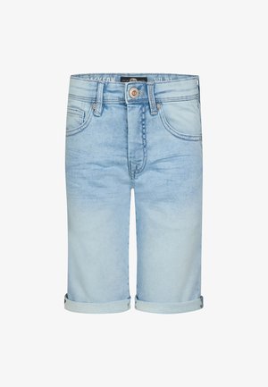 Pantalones cortos de mezclilla azul claro con puños doblados, diseño estándar de cinco bolsillos y cierre con botón en la pretina. Se muestra la talla 15.