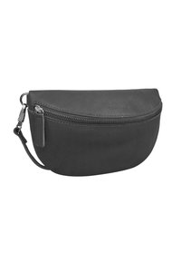 Borsa in pelle nera con forma arrotondata, dotata di chiusura con zip e un gancio in metallo. Texture liscia e dettagli di cucitura discreti.
