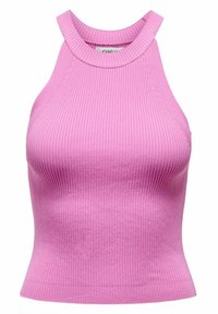 Eng anliegendes geripptes Tanktop in leuchtendem Pink, mit hohem Kragen und ärmellosem Design, gefertigt aus einem weichen, elastischen Stoff.