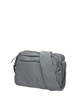 Sac bandoulière gris avec plusieurs compartiments zippés et une sangle réglable, en tissu à motif quadrillé subtil et petit logo "GM".