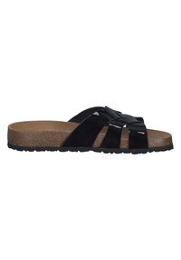 Svart slide-sandal med glänsande syntetiskt ovandel, med korsande remmar och korkfotbädd. Strukturerad gummisula för grepp.