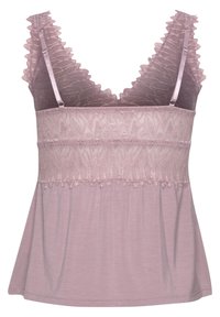 Lace-trimmed, soft lavender top with a V-neckline and adjustable straps. Ruffled edges and flowy hem enhance the overall design.