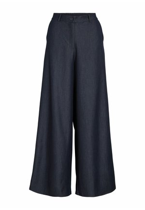 Pantalon large bleu foncé à taille haute, avec fermeture par bouton et fermeture éclair, ainsi que des passants de ceinture, présenté sur un fond blanc.