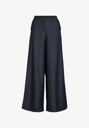 Pantalon large bleu foncé à taille haute, avec fermeture par bouton et fermeture éclair, ainsi que des passants de ceinture, présenté sur un fond blanc.