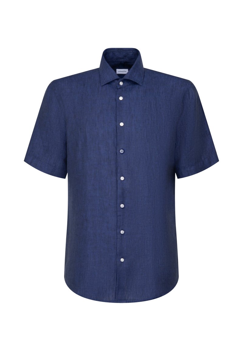 Camicia a maniche corte di colore blu navy, con bottoni bianchi e un colletto classico, realizzata in tessuto testurizzato. Orlo dritto.