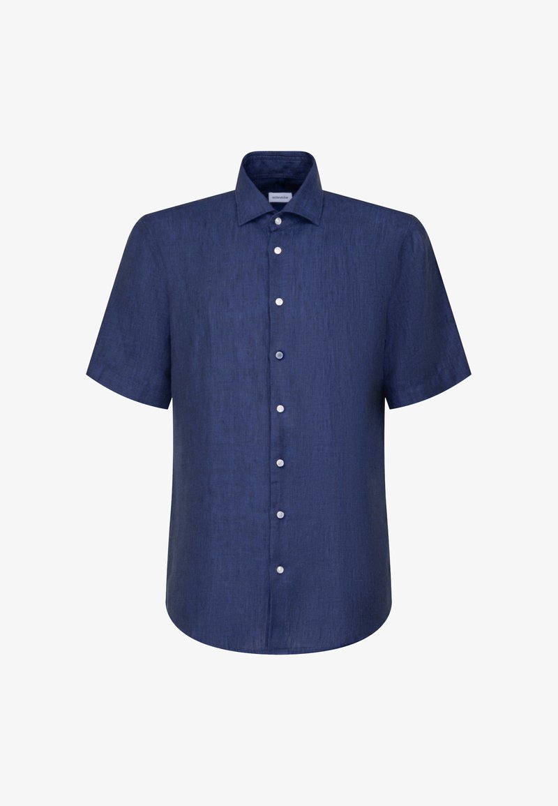 Camicia a maniche corte di colore blu navy, con bottoni bianchi e un colletto classico, realizzata in tessuto testurizzato. Orlo dritto.