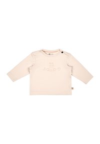 Langärmliges, hellbeige Hemd aus weichem Baumwollstoff, mit einem rosa gestickten Cartoon-Tierdesign auf der Vorderseite und schwarzen Druckknöpfen an der Schulter.