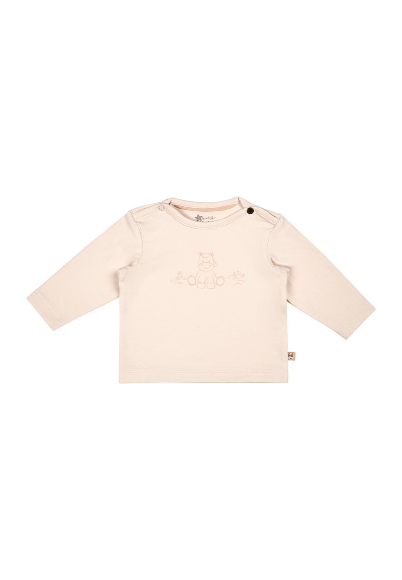 Langärmliges, hellbeige Hemd aus weichem Baumwollstoff, mit einem rosa gestickten Cartoon-Tierdesign auf der Vorderseite und schwarzen Druckknöpfen an der Schulter.