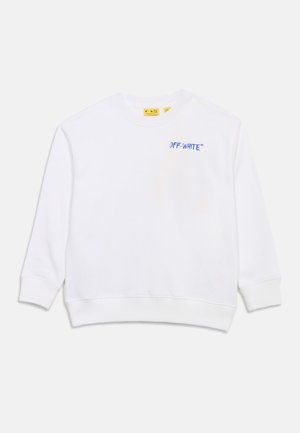 Felpa bianca con girocollo a coste, maniche lunghe, polsini e orlo a coste, con piccolo testo blu "OFF-WHITE" sulla parte sinistra del petto.