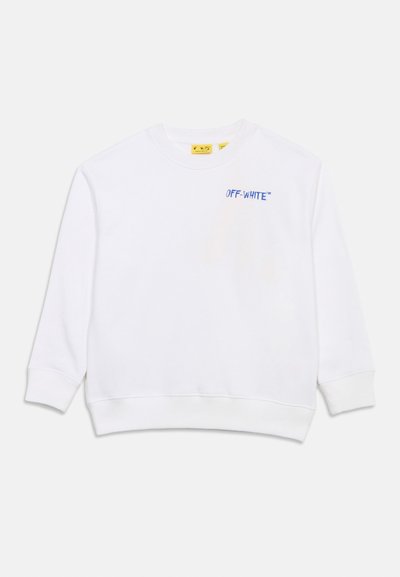 Λευκό φούτερ με στρογγυλή λαιμόκοψη και μακριά μανίκια, με ριμπ τελείωμα στα μανίκια και στο τελείωμα, με μικρό μπλε κείμενο "OFF-WHITE" στην αριστερή πλευρά του στήθους.