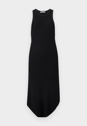 Black sleeveless ribbed knit dress with round neckline and asymmetric hem, displayed flat against a white background.