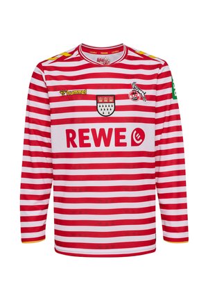 Camiseta de fútbol de manga larga con rayas horizontales rojas y blancas, con logo de REWE, emblema del 1. FC Köln y marca Hummel en el pecho.