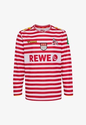 Czerwona i biała koszulka piłkarska z długim rękawem w poziome paski, z logo REWE, emblematem 1. FC Köln oraz marką Hummel na piersi.