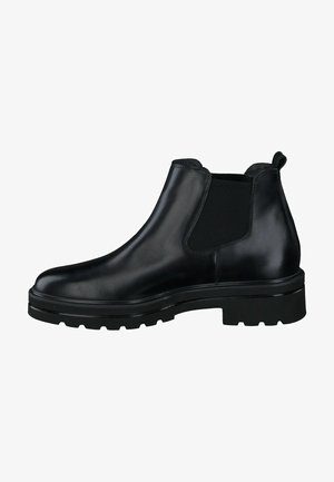 Bota negra de cuero hasta el tobillo con paneles laterales elásticos, puntera redonda y suela de goma resistente con profundas garras para un mejor agarre.